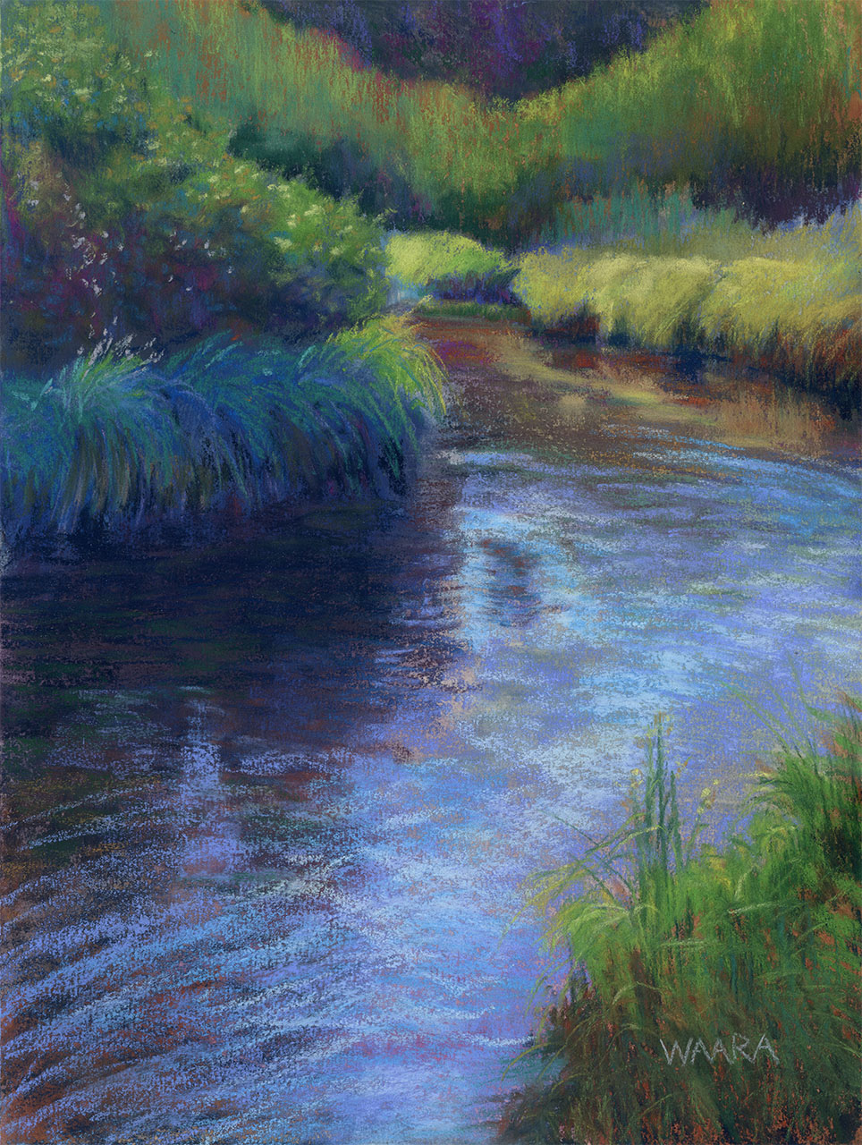 Original pastel painting of a river in a marsh titled "Going Back" by Maui artist Christine Waara