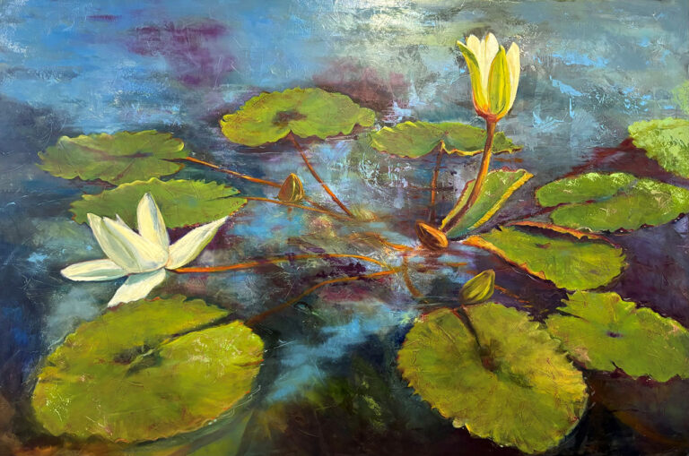 Original Mixed-Media painting of waterlilies called "Basking in the Light" by Maui artist Christine Waara